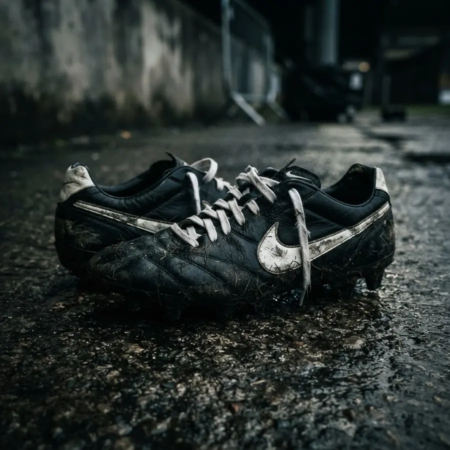 Worn pair of black football cleats on concrete