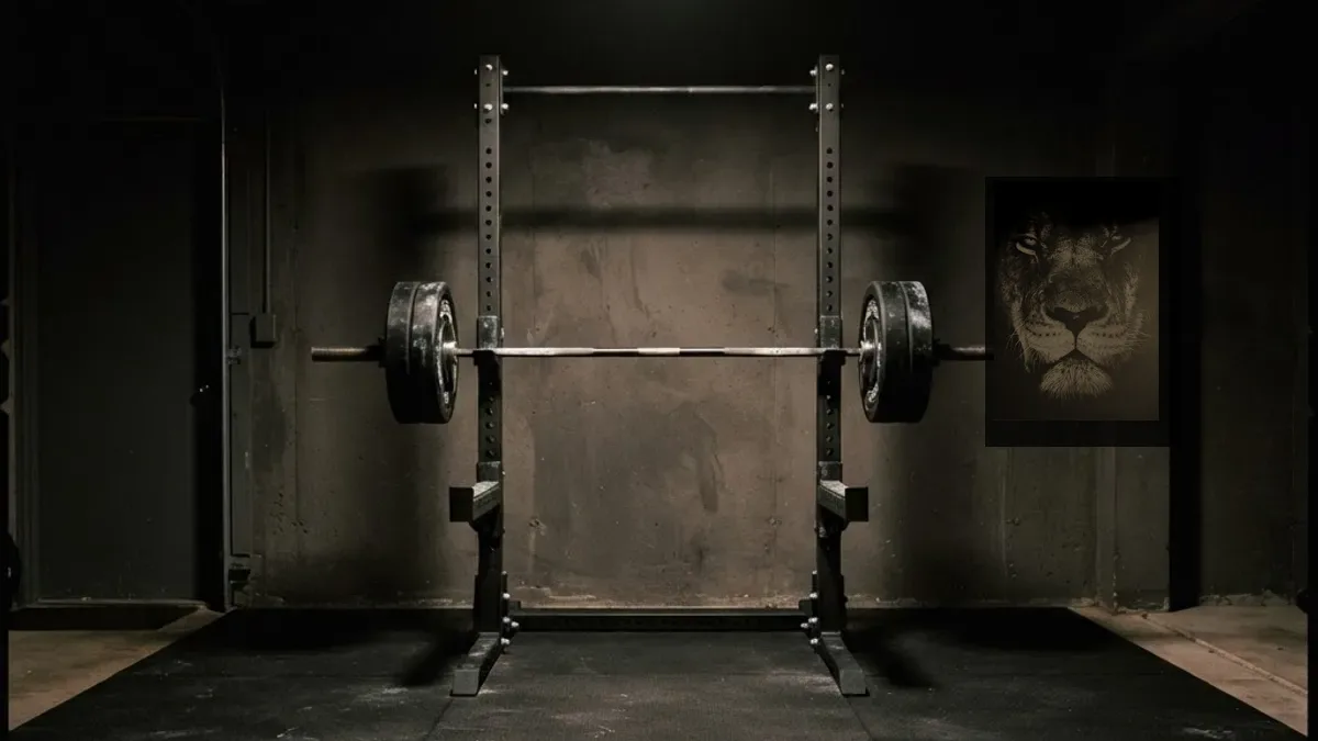 Barbell loaded with plates in a garage gym, a lion canvas on the wall