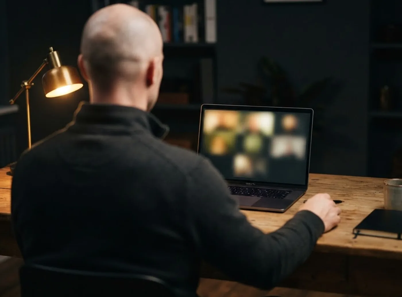 The host, seen from behind, leading a video call with a group of former athletes
