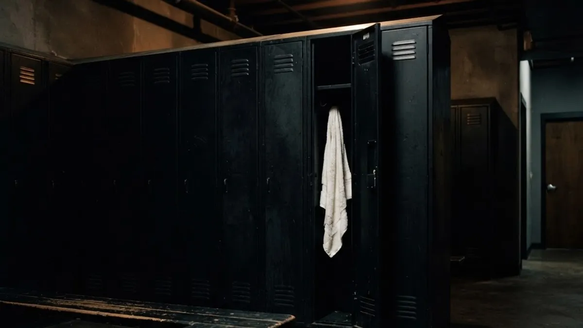 Empty locker room with a towel hanging on a hook