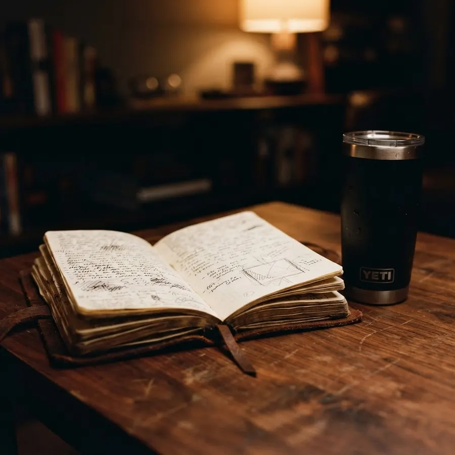 Open notebook and coffee tumbler on a wooden table